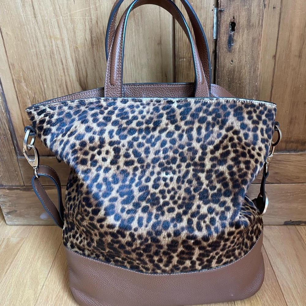 As New Boden Leopard Print Leather and Hide Shoulder Bag with strap